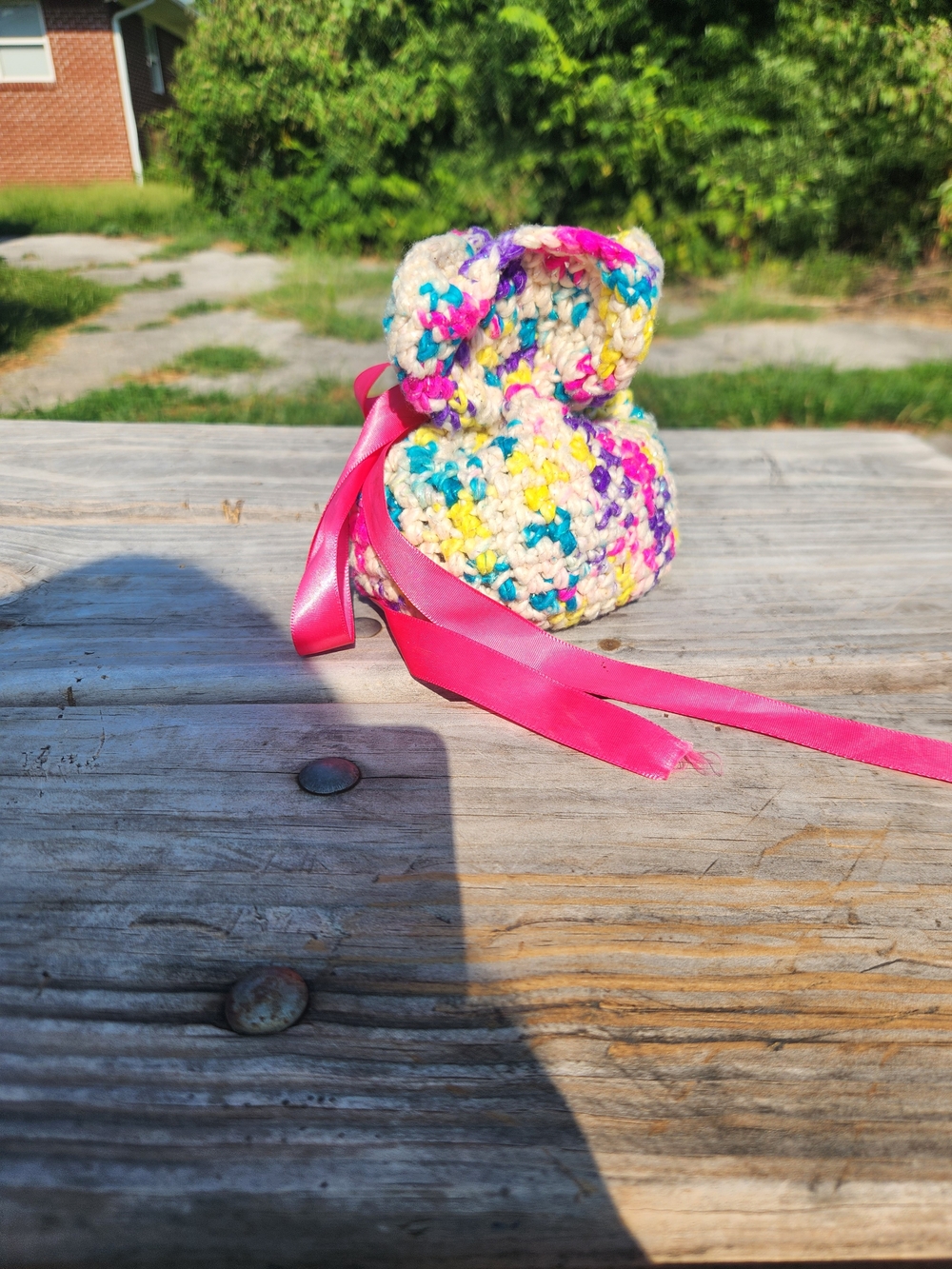 Handmade Multicolor Crochet Bunny Pouch with Hot Pink Ribbon